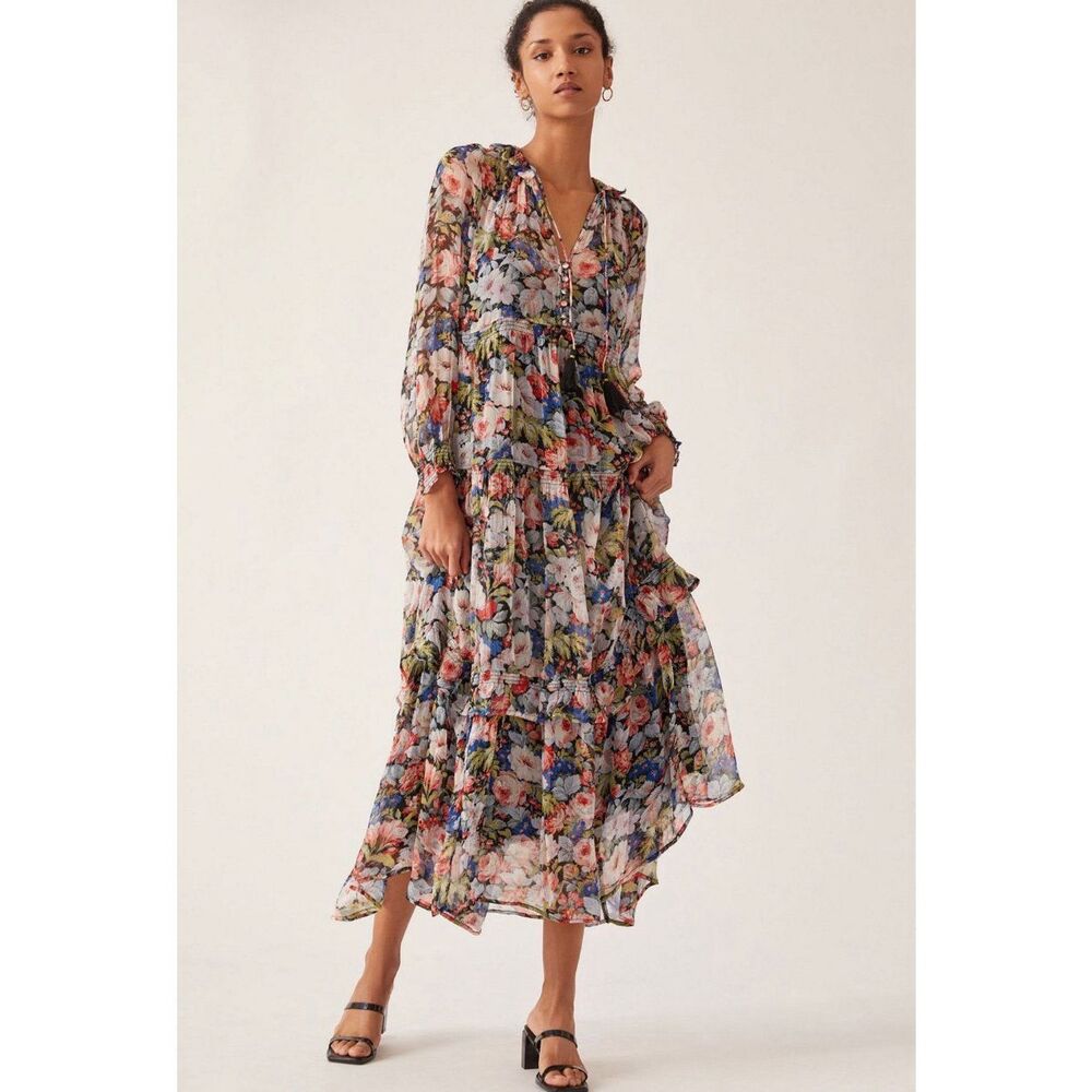 Anthropologie Sz M The Marais Printed Chiffon Maxi Dress | Floral Boho Long Slee
